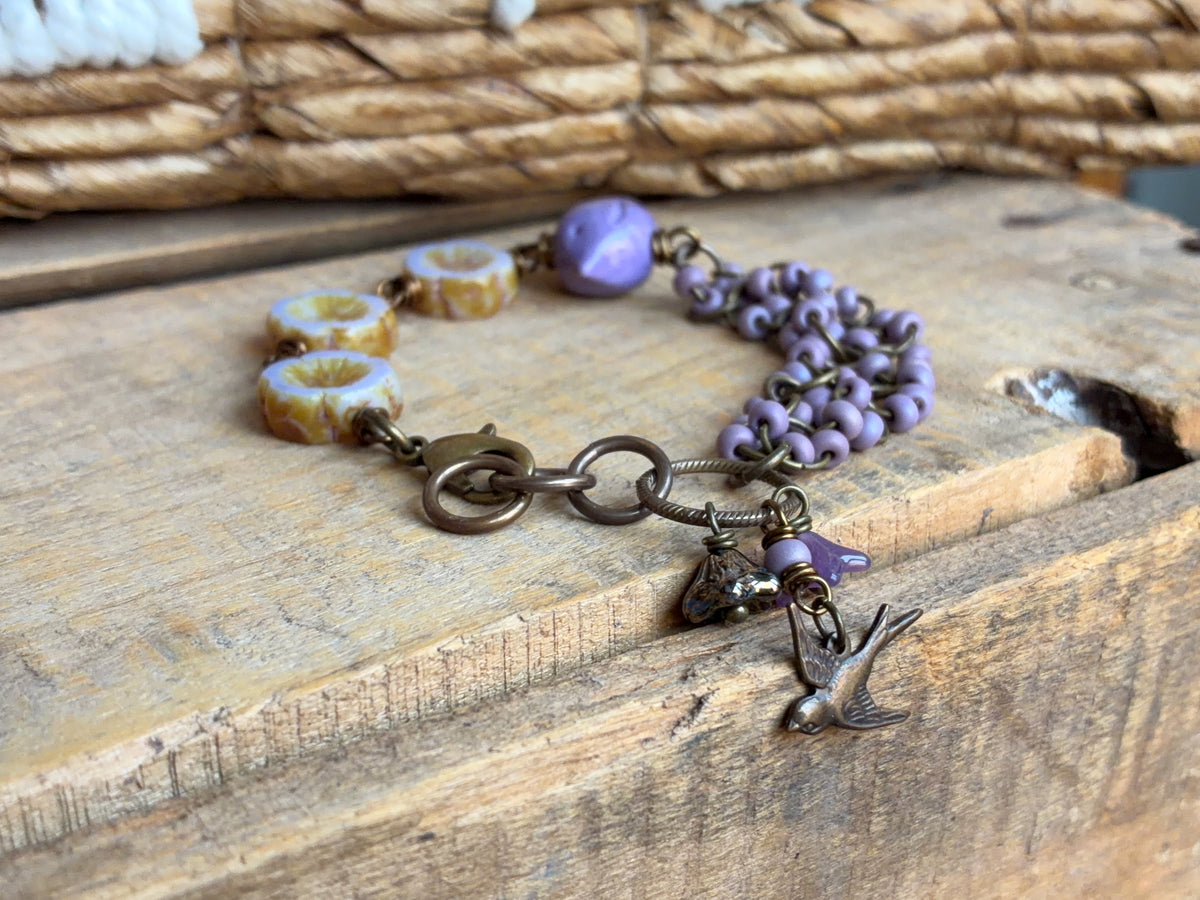 Handmade Ceramic Bird Bracelet | Czech Glass and Brass Bracelet in Lavender and Purple