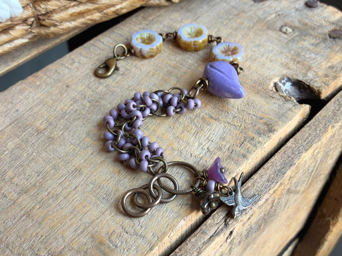 Handmade Ceramic Bird Bracelet | Czech Glass and Brass Bracelet in Lavender and Purple