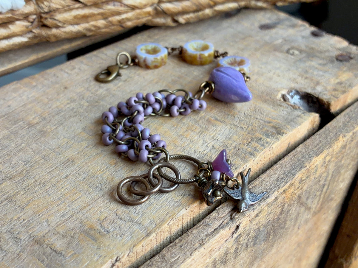 Handmade Ceramic Bird Bracelet | Czech Glass and Brass Bracelet in Lavender and Purple
