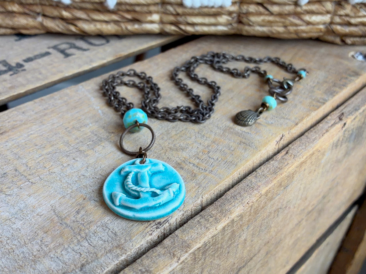 Handmade Ceramic Anchor Necklace | One of a Kind Nautical Necklace in Turquoise and Brass