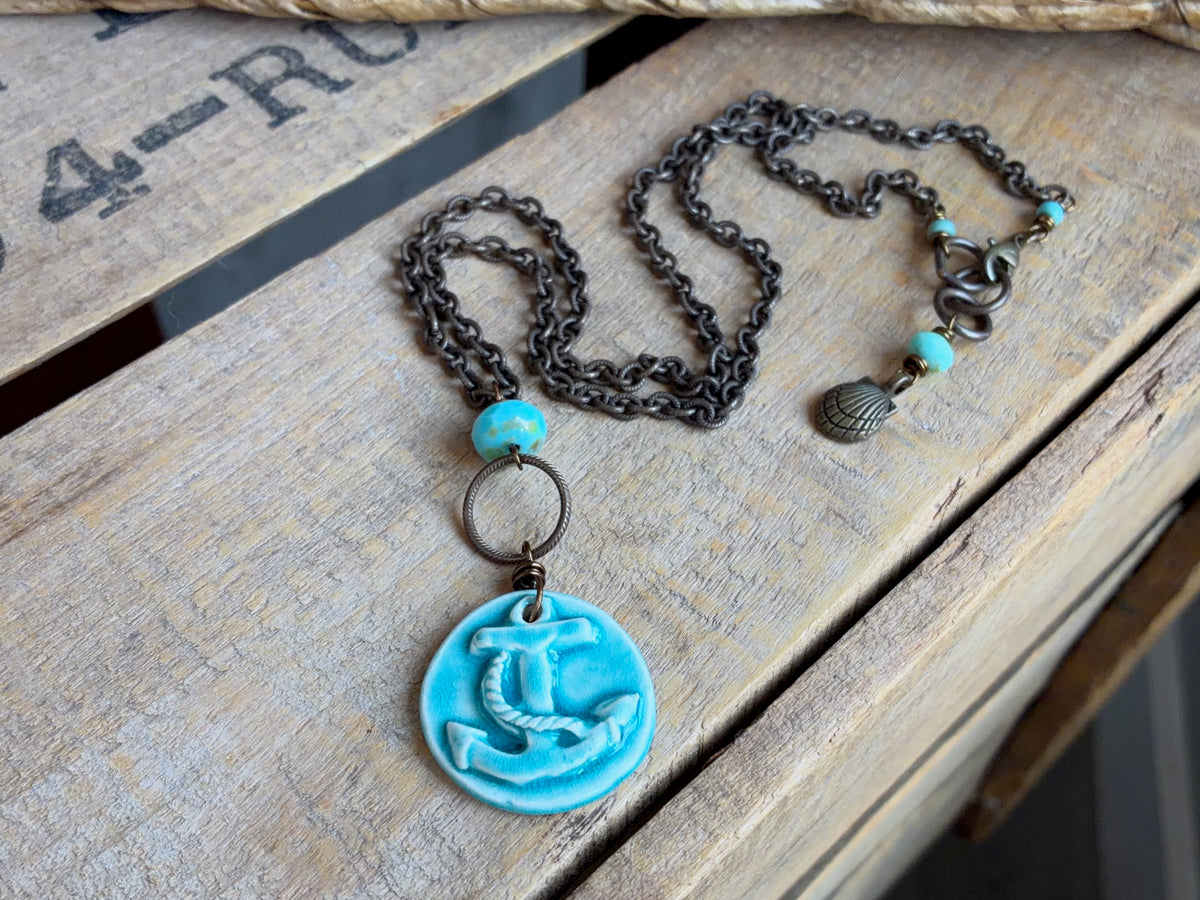 Handmade Ceramic Anchor Necklace | One of a Kind Nautical Necklace in Turquoise and Brass