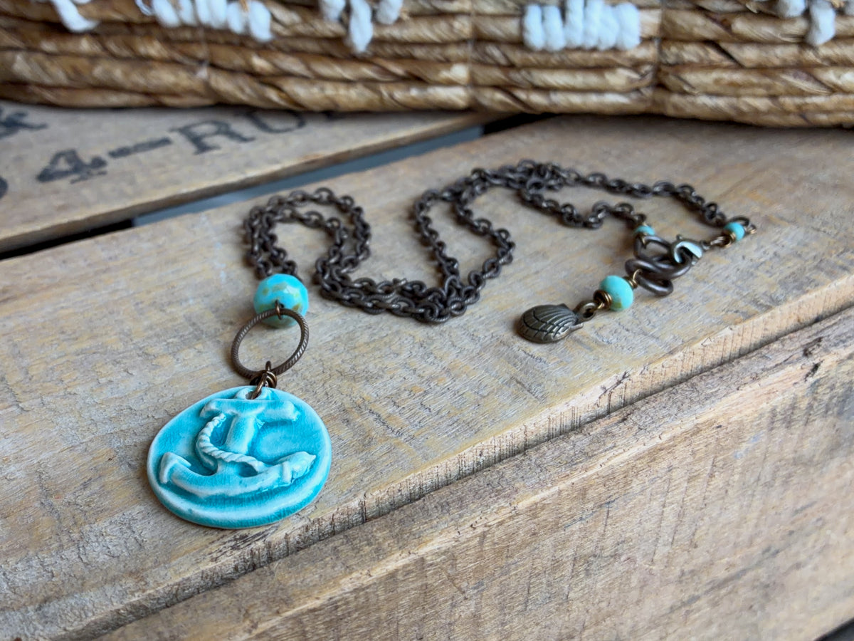 Handmade Ceramic Anchor Necklace | One of a Kind Nautical Necklace in Turquoise and Brass