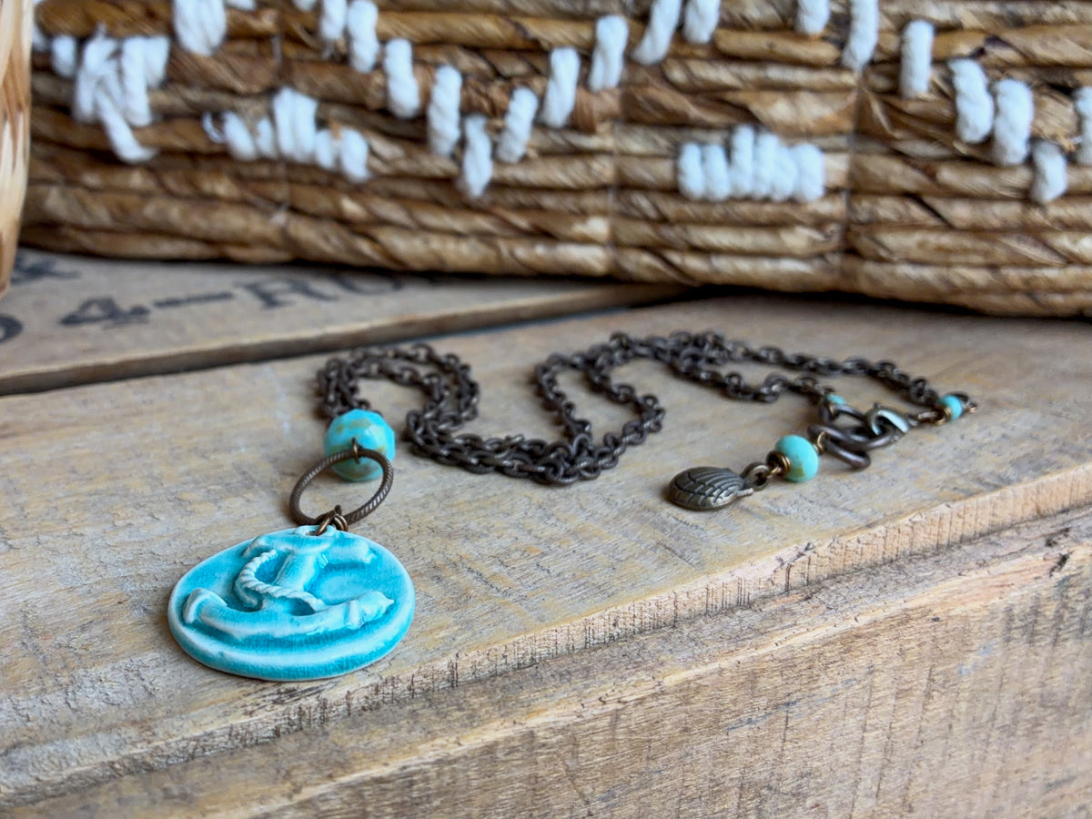 Handmade Ceramic Anchor Necklace | One of a Kind Nautical Necklace in Turquoise and Brass
