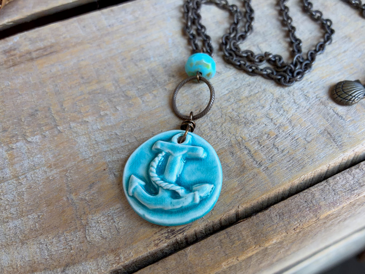 Handmade Ceramic Anchor Necklace | One of a Kind Nautical Necklace in Turquoise and Brass