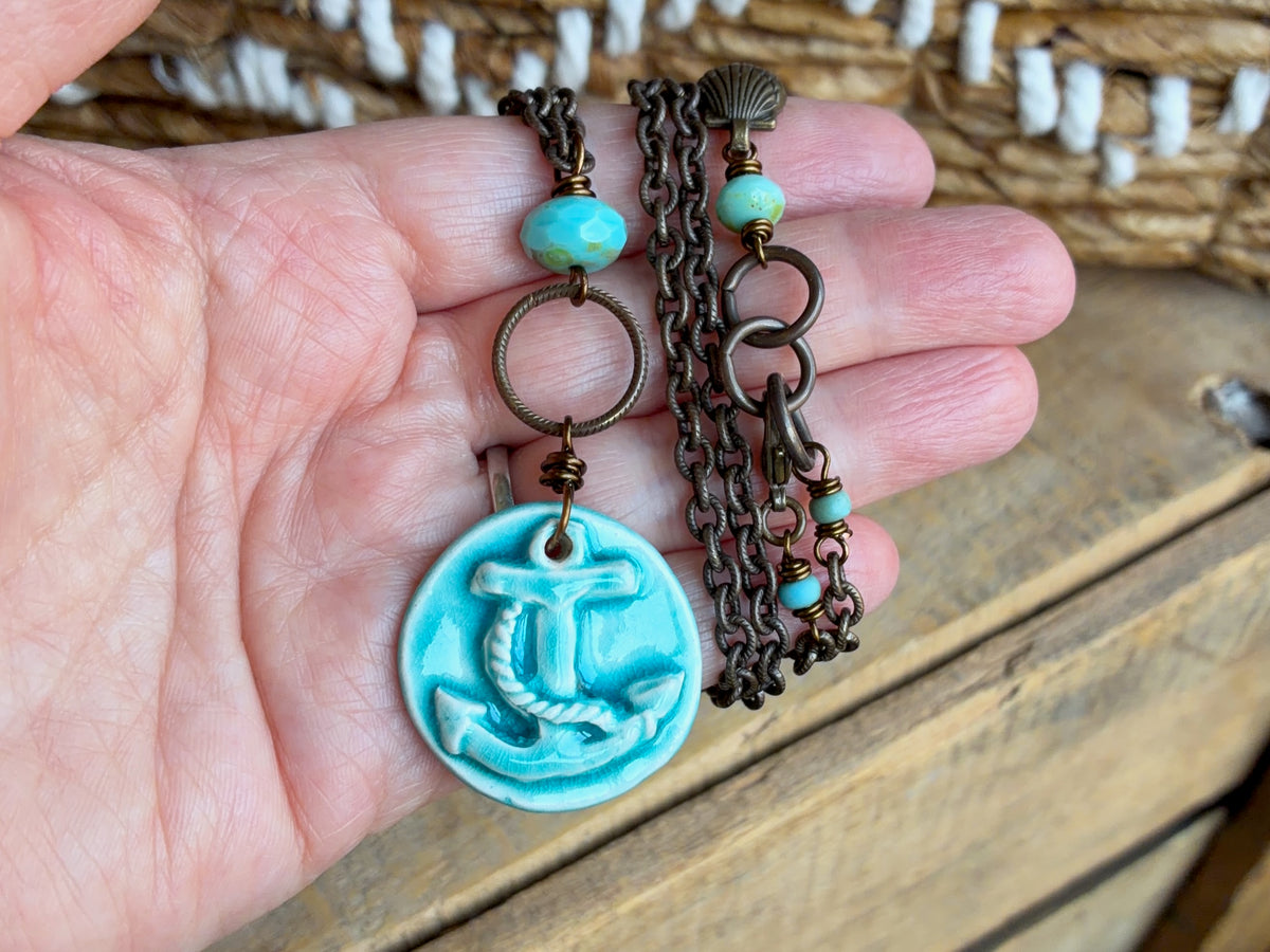 Handmade Ceramic Anchor Necklace | One of a Kind Nautical Necklace in Turquoise and Brass