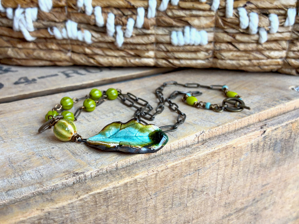 Turquoise & Green Ceramic Leaf Necklace with Czech Glass and Brass Chain | Colourful Botanical Jewellery