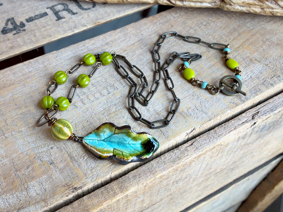 Turquoise & Green Ceramic Leaf Necklace with Czech Glass and Brass Chain | Colourful Botanical Jewellery