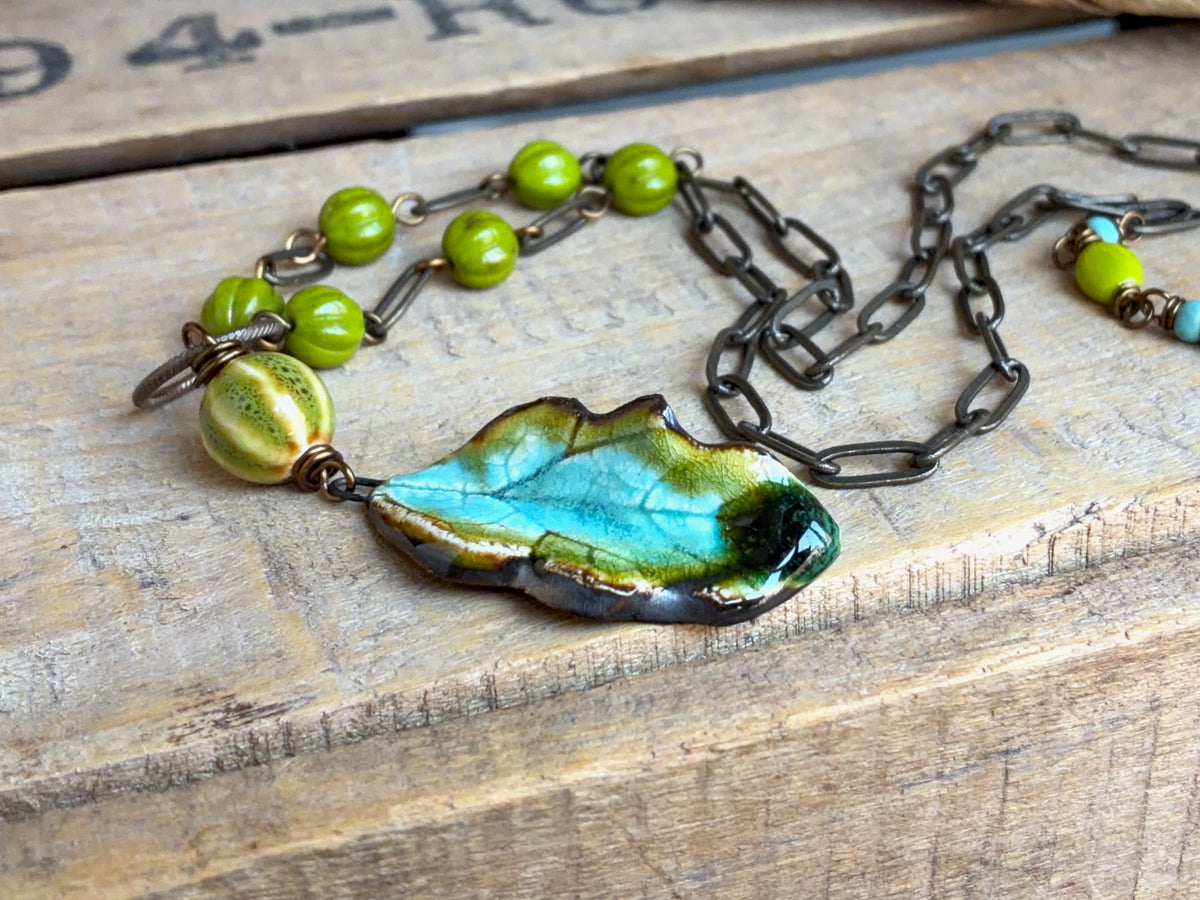 Turquoise & Green Ceramic Leaf Necklace with Czech Glass and Brass Chain | Colourful Botanical Jewellery
