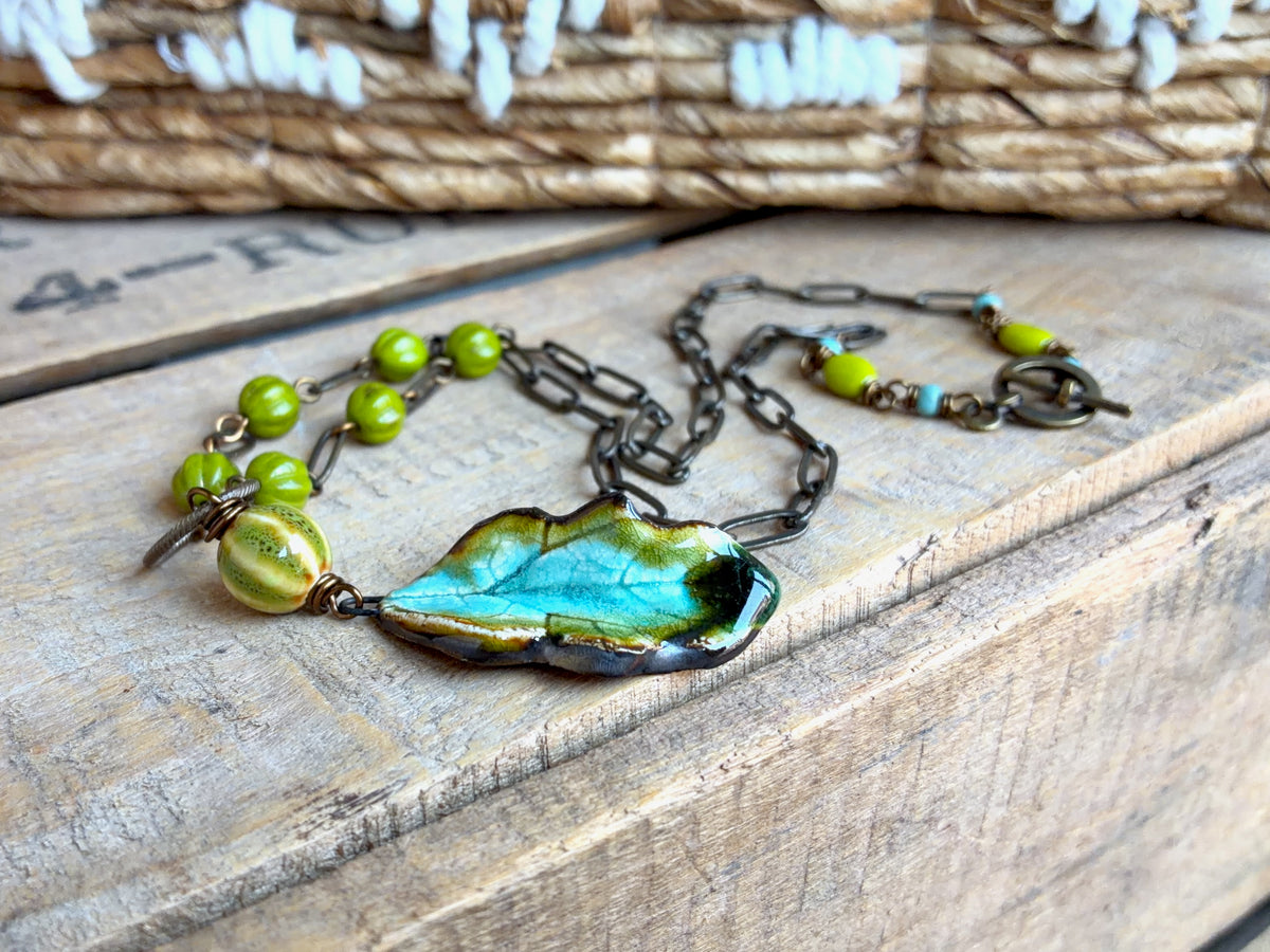 Turquoise & Green Ceramic Leaf Necklace with Czech Glass and Brass Chain | Colourful Botanical Jewellery