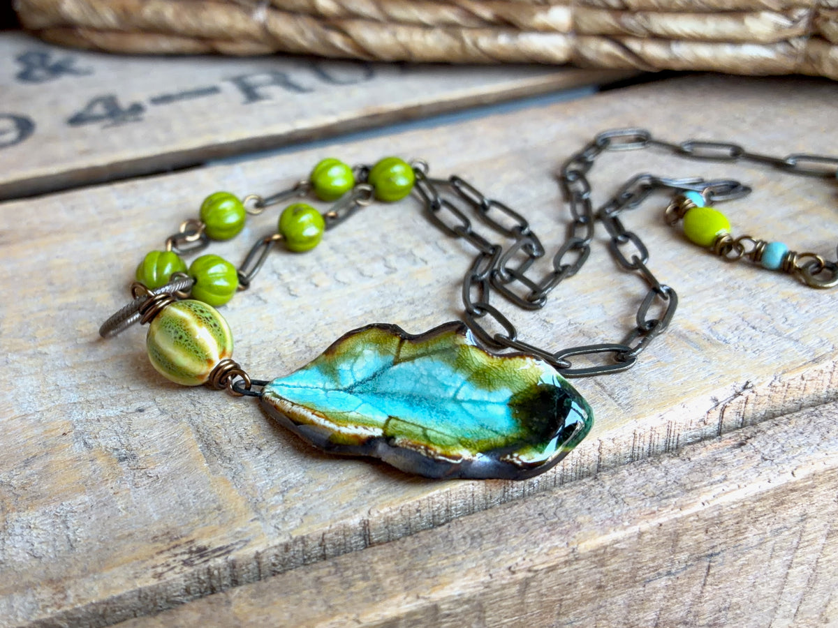 Turquoise & Green Ceramic Leaf Necklace with Czech Glass and Brass Chain | Colourful Botanical Jewellery