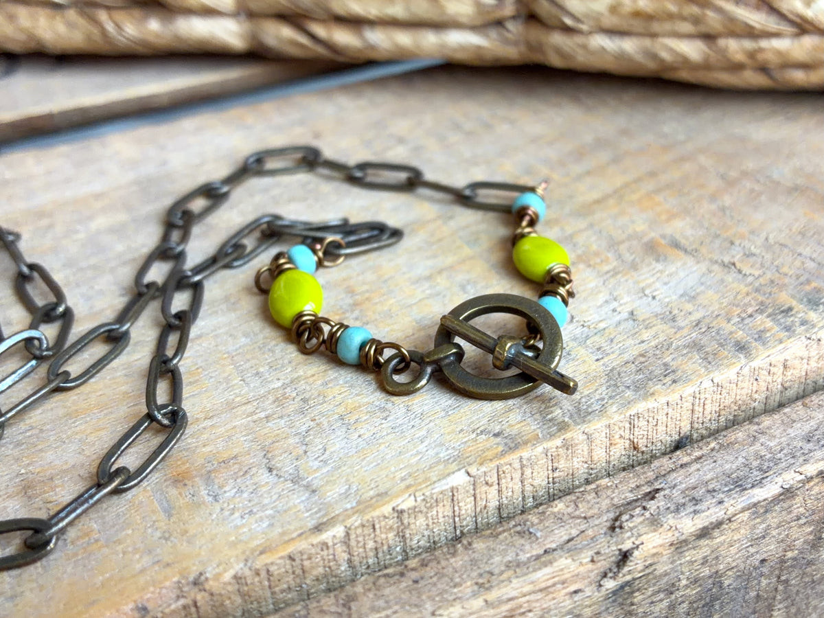 Turquoise & Green Ceramic Leaf Necklace with Czech Glass and Brass Chain | Colourful Botanical Jewellery