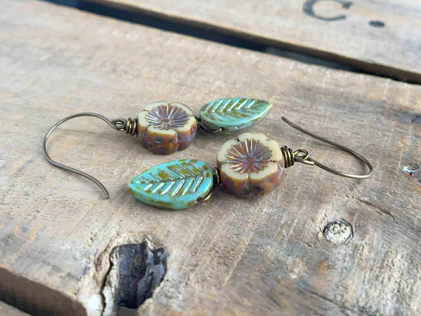 Nature Inspired Leaf & Flower Earrings. Rustic Czech Glass Earrings