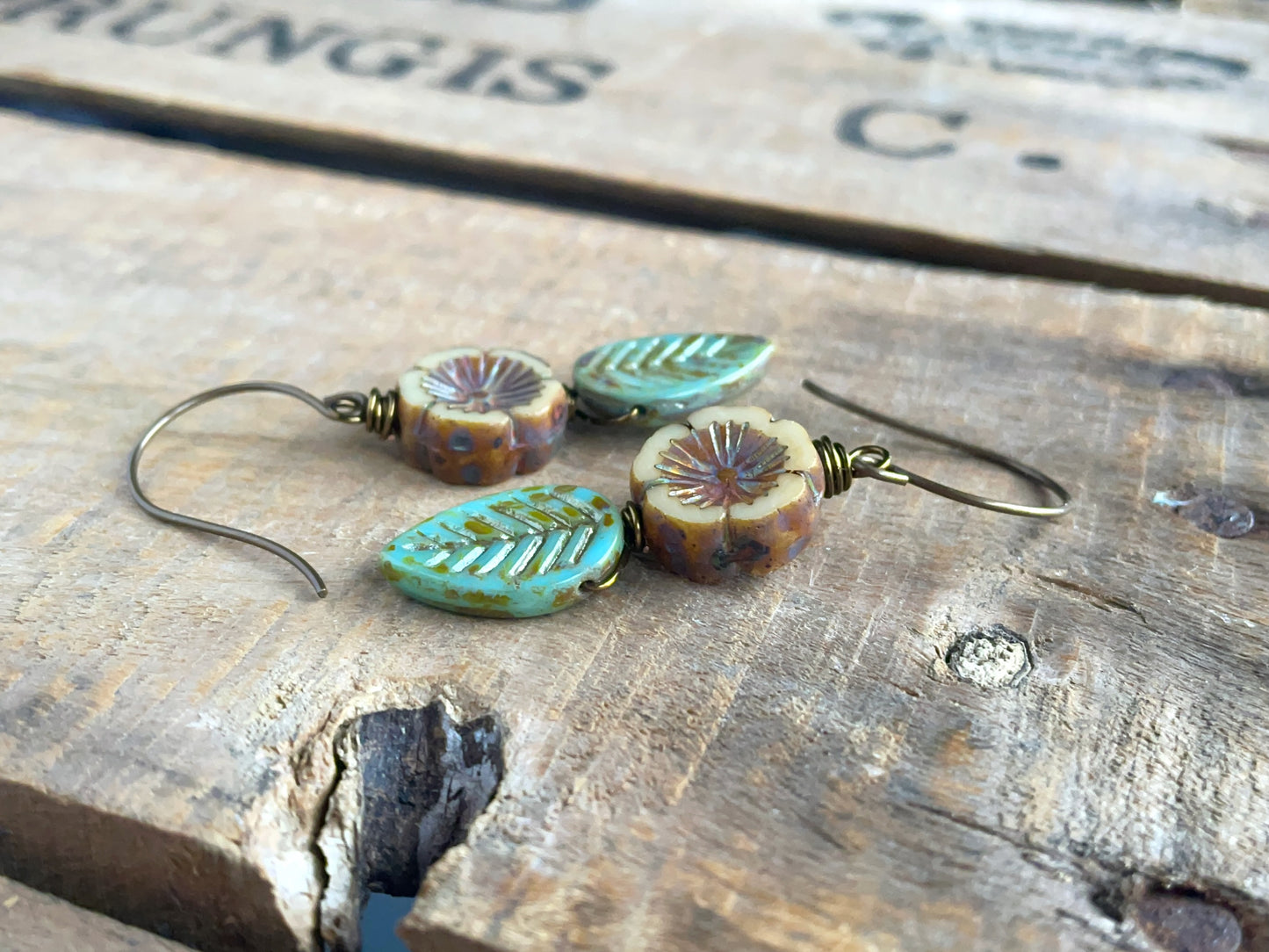 Nature Inspired Leaf & Flower Earrings. Rustic Czech Glass Earrings