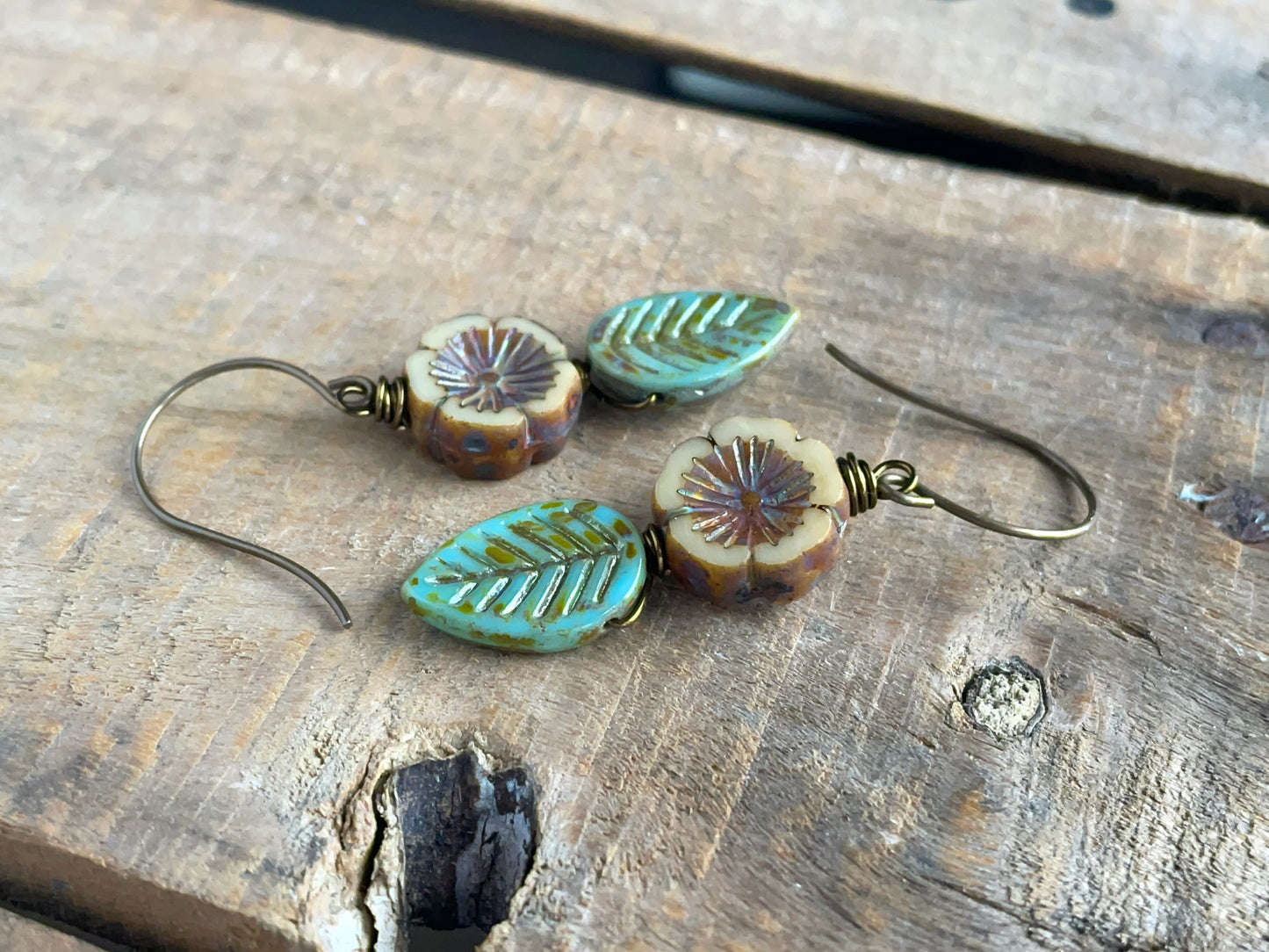 Nature Inspired Leaf & Flower Earrings. Rustic Czech Glass Earrings