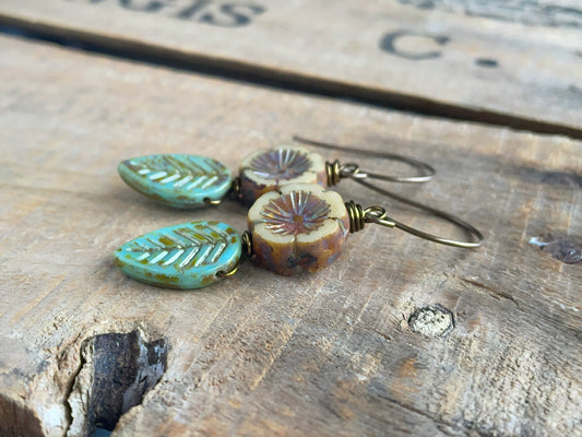 Nature Inspired Leaf & Flower Earrings. Rustic Czech Glass Earrings