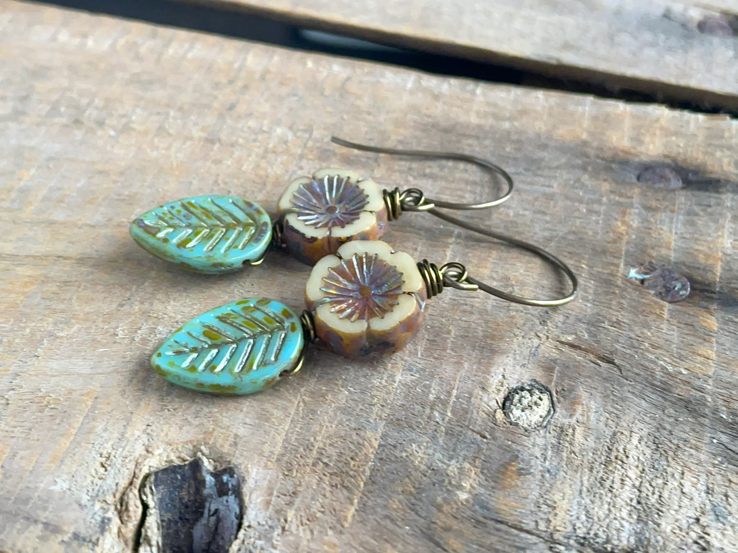 Nature Inspired Leaf & Flower Earrings. Rustic Czech Glass Earrings