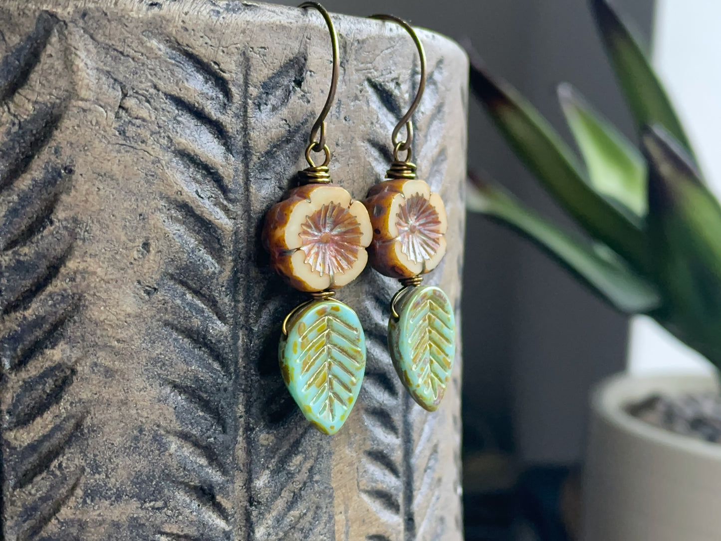 Nature Inspired Leaf & Flower Earrings. Rustic Czech Glass Earrings