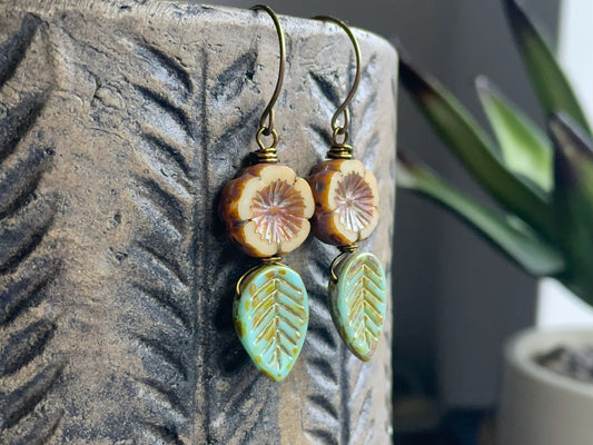 Nature Inspired Leaf & Flower Earrings. Rustic Czech Glass Earrings