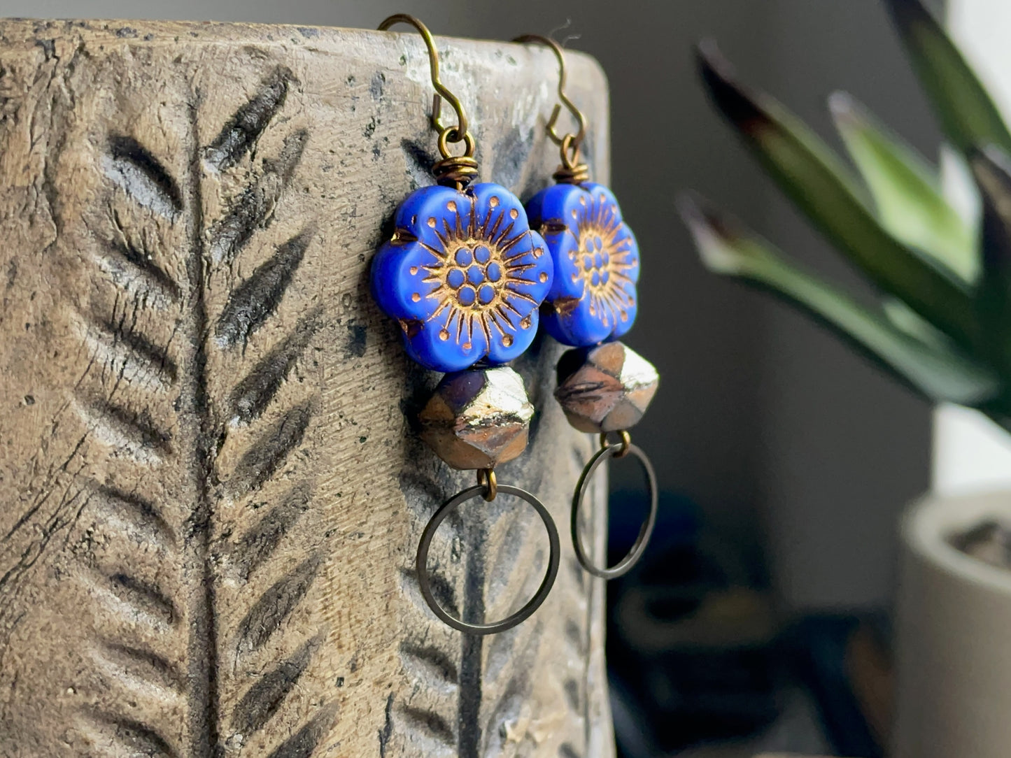 Czech Glass Flower Earrings in Blue & Gold. Anemone Flower Earrings. Colourful Floral Earrings. Bohemian Style Jewellery