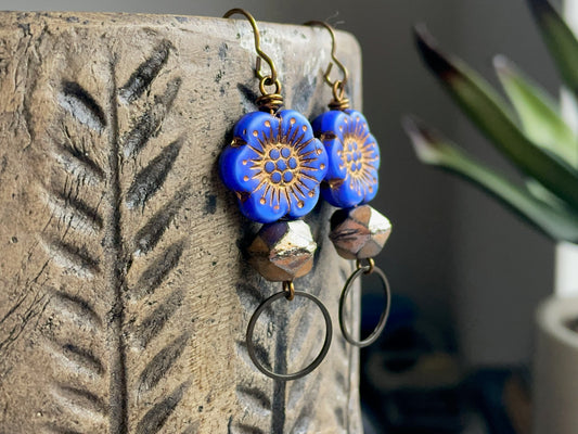 Czech Glass Flower Earrings in Blue & Gold. Anemone Flower Earrings. Colourful Floral Earrings. Bohemian Style Jewellery