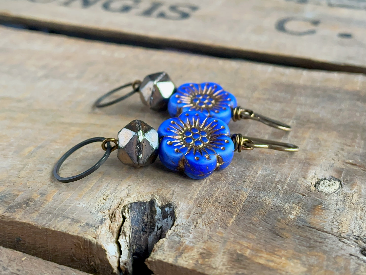 Czech Glass Flower Earrings in Blue & Gold. Anemone Flower Earrings. Colourful Floral Earrings. Bohemian Style Jewellery