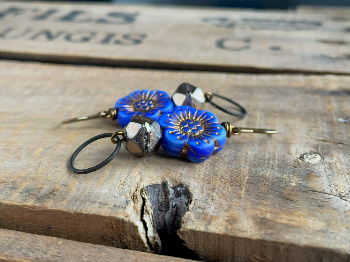 Czech Glass Flower Earrings in Blue & Gold. Anemone Flower Earrings. Colourful Floral Earrings. Bohemian Style Jewellery