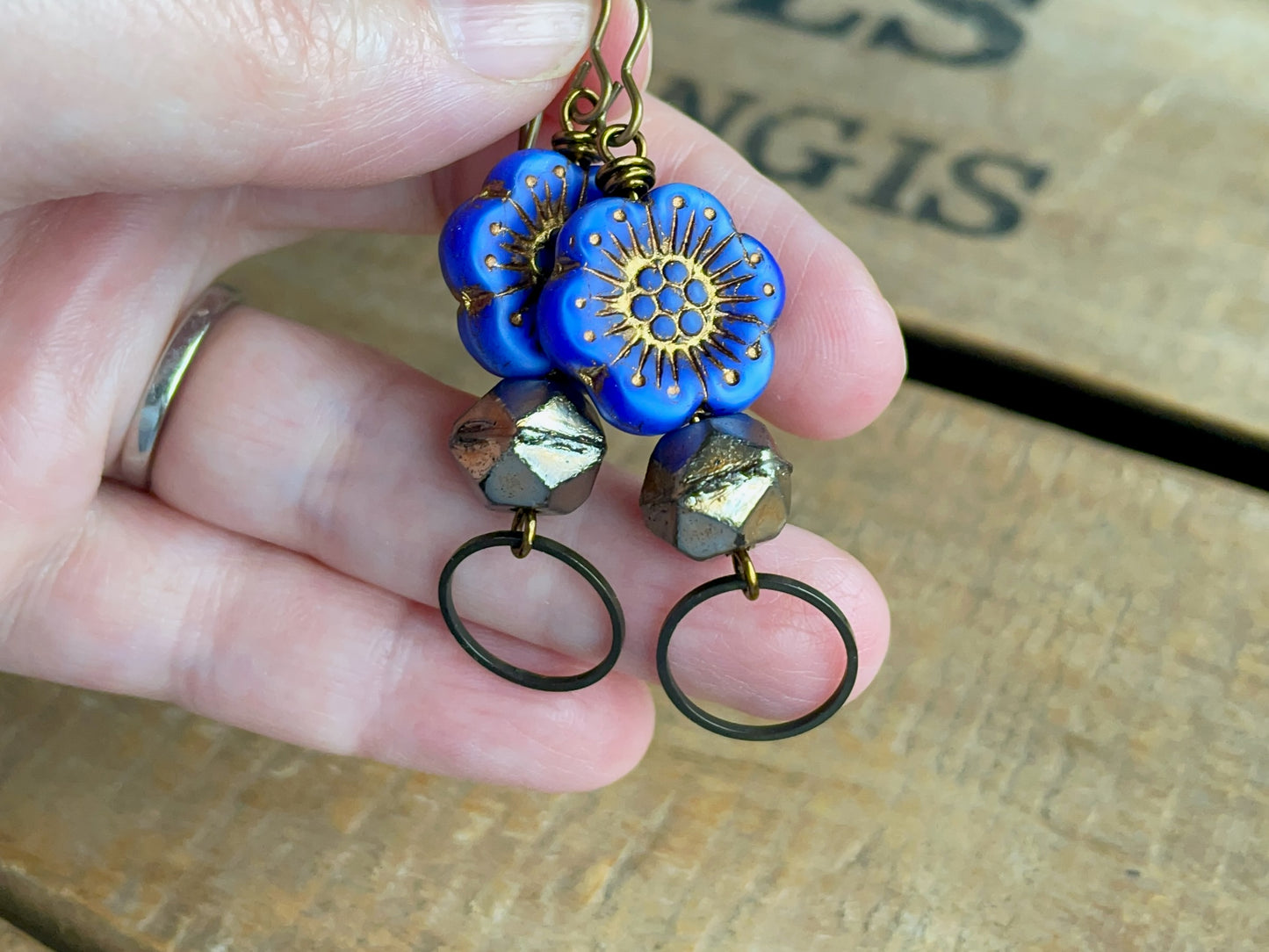 Czech Glass Flower Earrings in Blue & Gold. Anemone Flower Earrings. Colourful Floral Earrings. Bohemian Style Jewellery