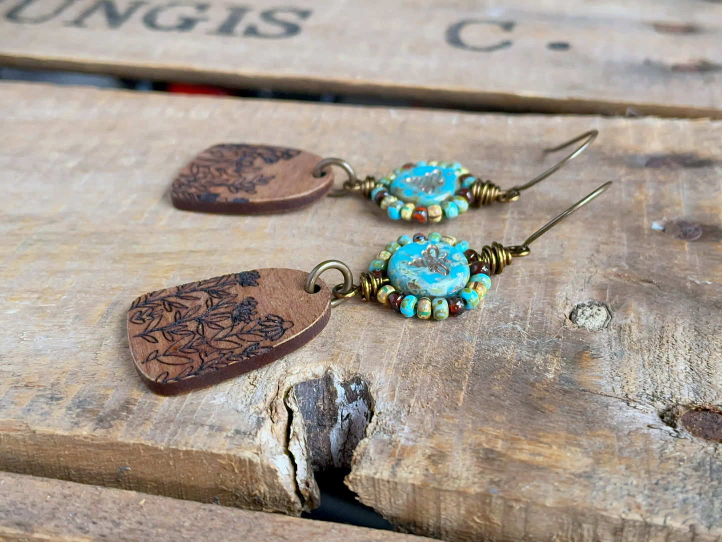 Bohemian Style Czech Glass Earrings with Wooden Wildflower Charms. Colourful Wire Work Earrings in Turquoise, Red & Brown.