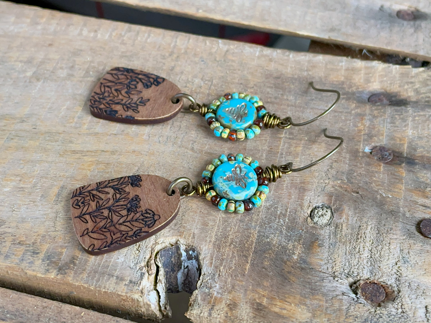 Bohemian Style Czech Glass Earrings with Wooden Wildflower Charms. Colourful Wire Work Earrings in Turquoise, Red & Brown.