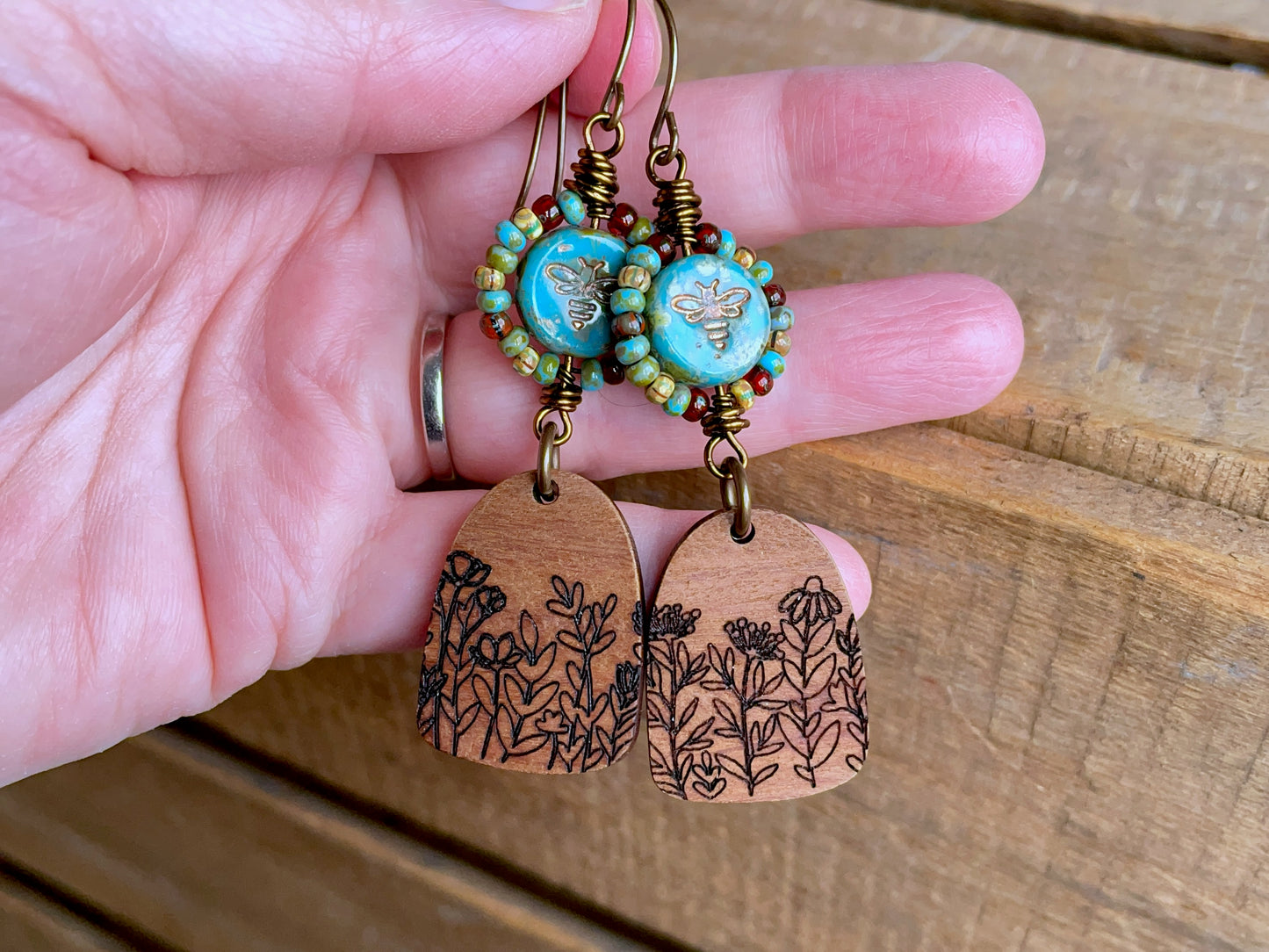 Bohemian Style Czech Glass Earrings with Wooden Wildflower Charms. Colourful Wire Work Earrings in Turquoise, Red & Brown.