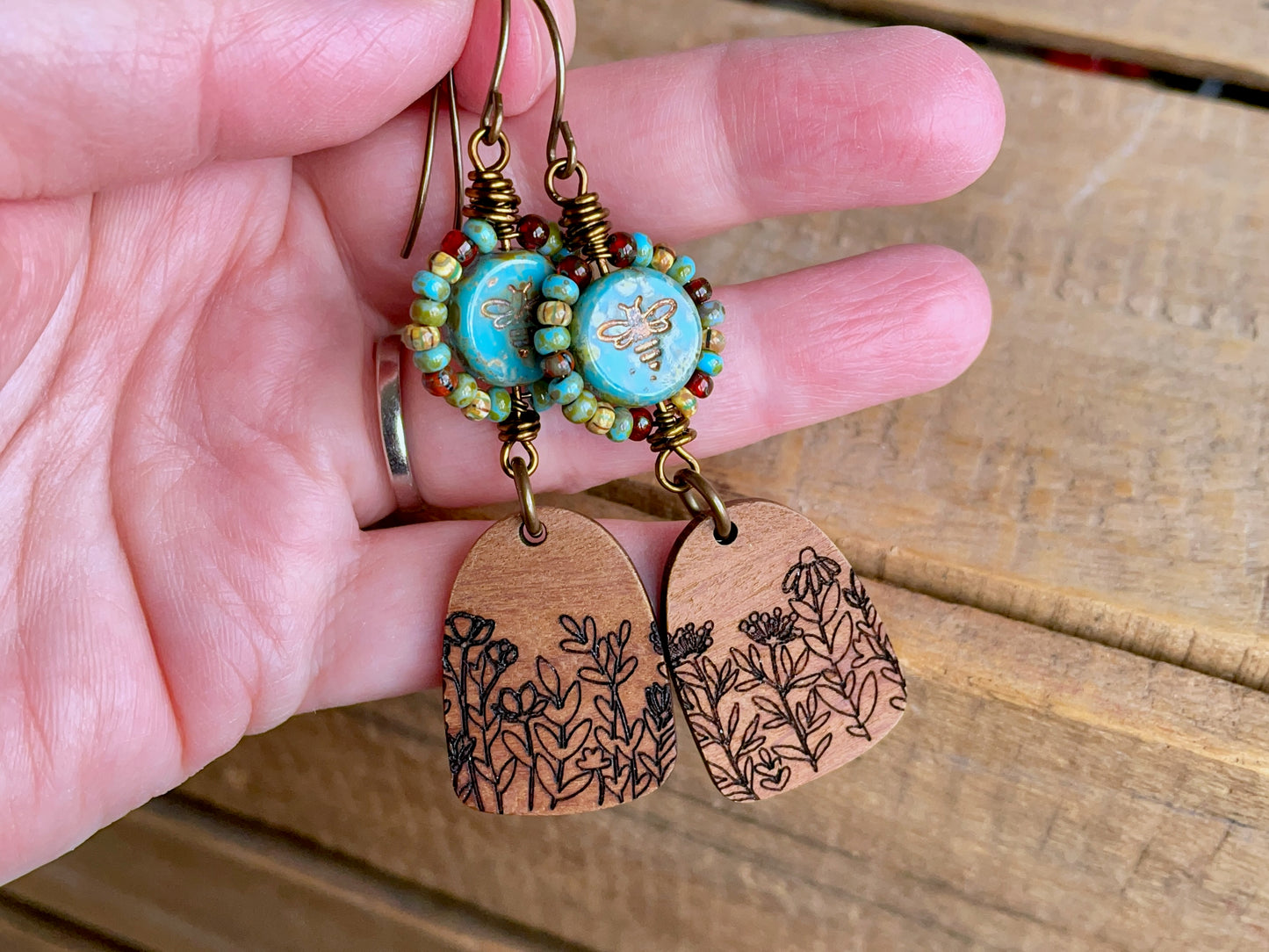 Bohemian Style Czech Glass Earrings with Wooden Wildflower Charms. Colourful Wire Work Earrings in Turquoise, Red & Brown.