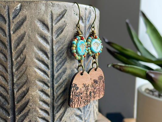 Bohemian Style Czech Glass Earrings with Wooden Wildflower Charms. Colourful Wire Work Earrings in Turquoise, Red & Brown.