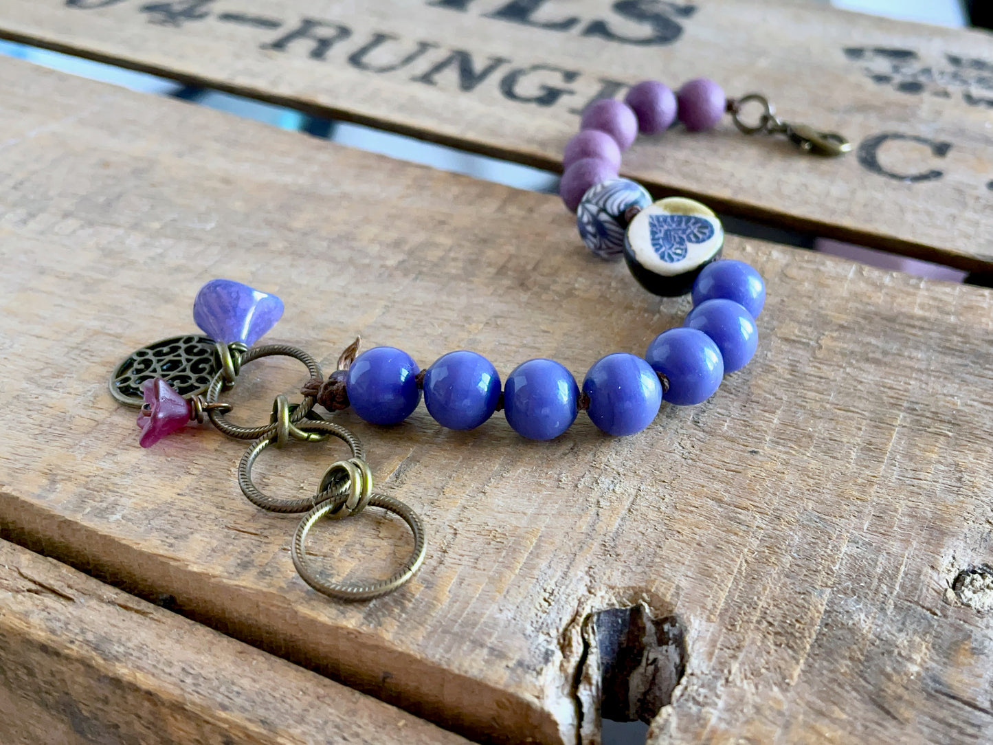 Boho Bracelet with Rustic Heart Charm – Handmade Ceramic & Purple Glass Beads on Linen Cord – Gift for Her