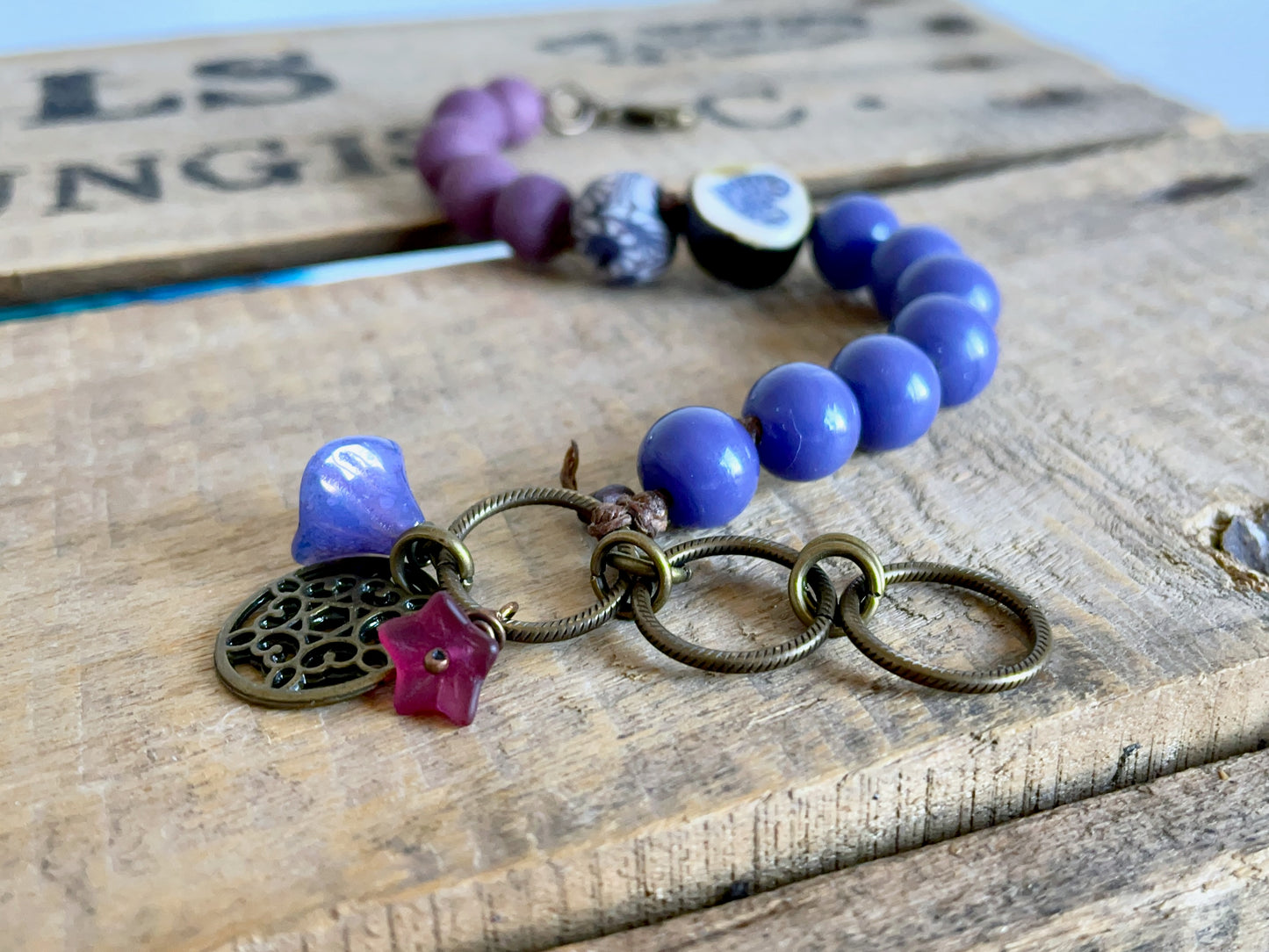 Boho Bracelet with Rustic Heart Charm – Handmade Ceramic & Purple Glass Beads on Linen Cord – Gift for Her