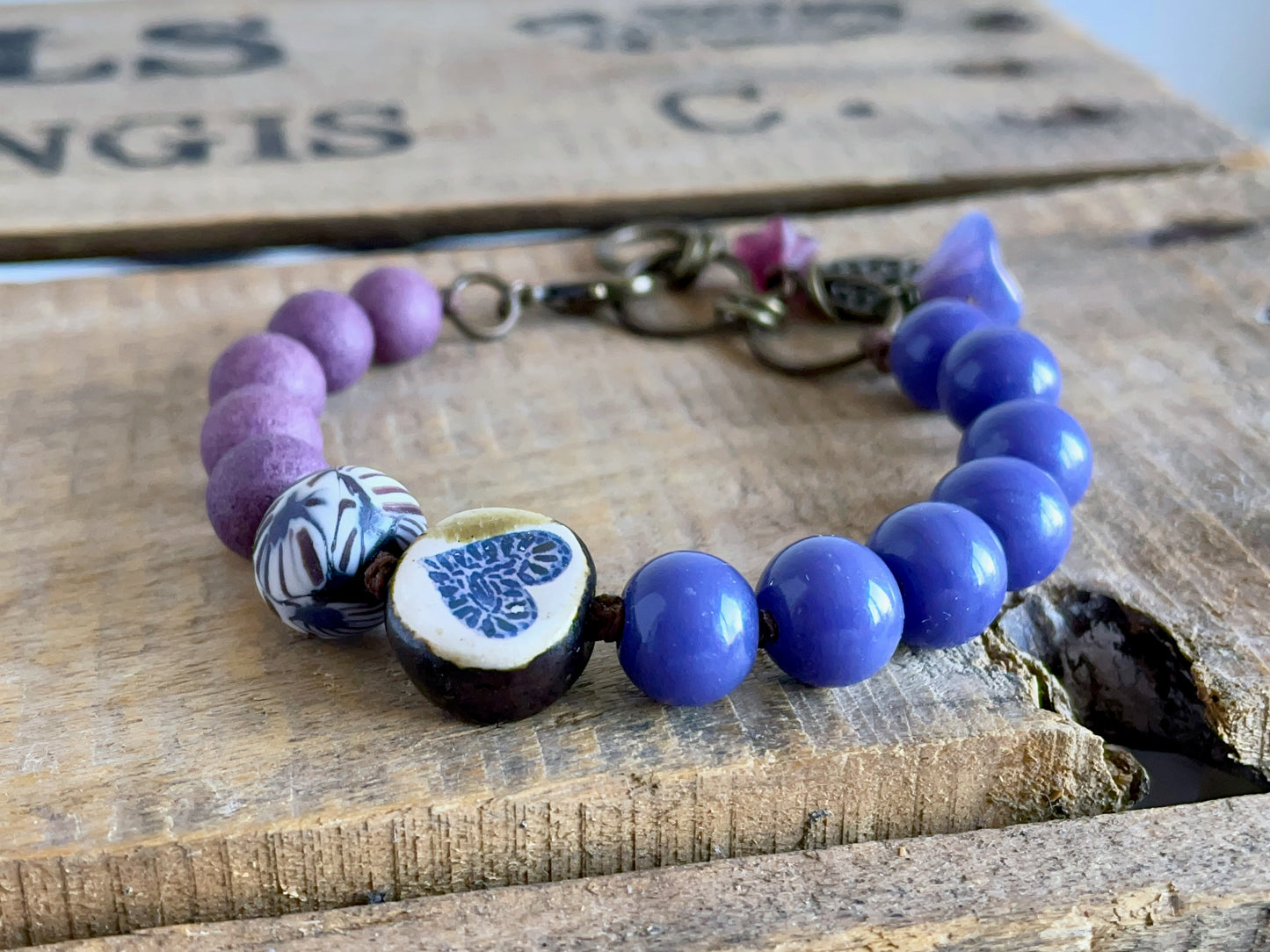 Boho Bracelet with Rustic Heart Charm – Handmade Ceramic & Purple Glass Beads on Linen Cord – Gift for Her