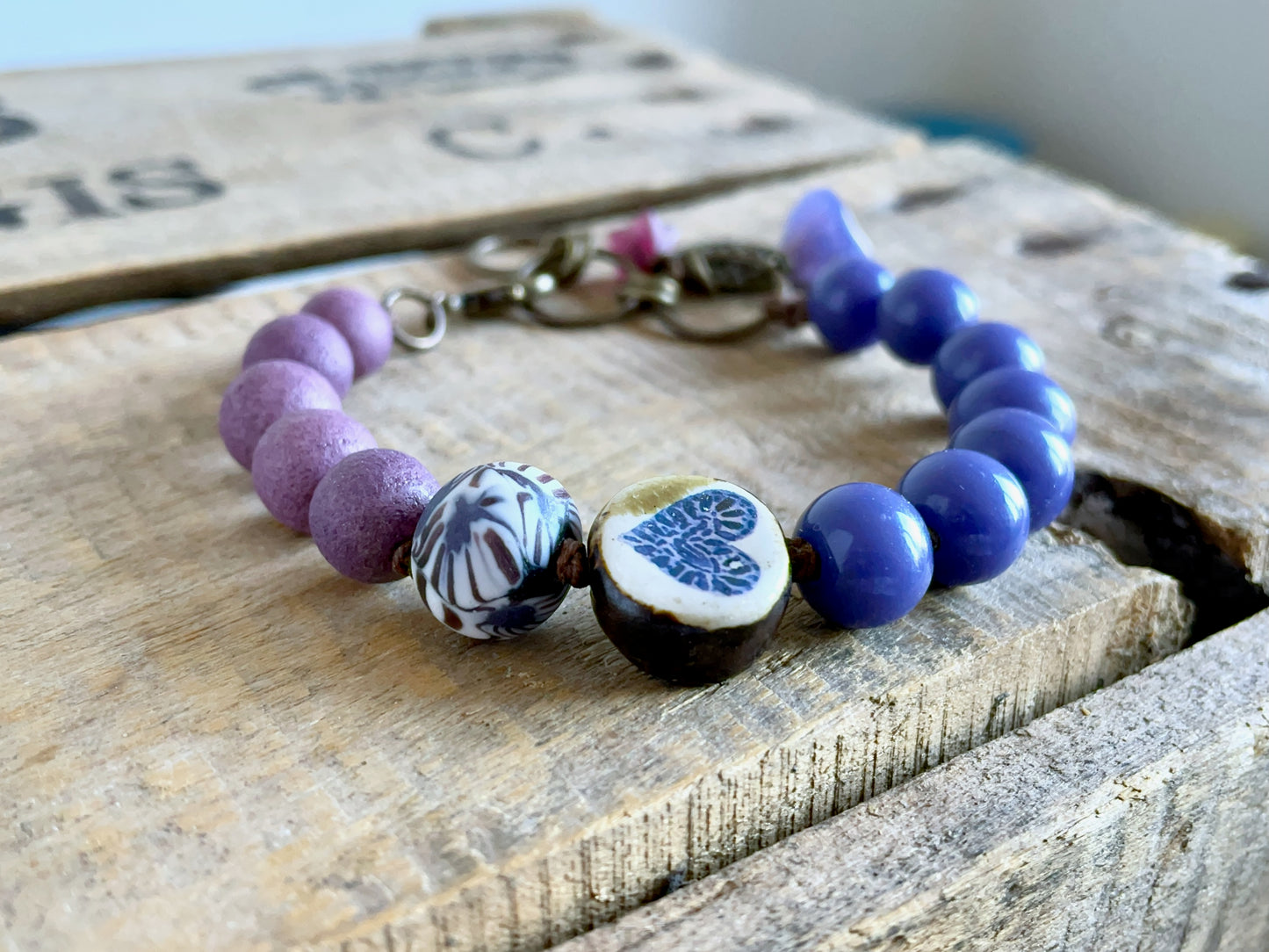 Boho Bracelet with Rustic Heart Charm – Handmade Ceramic & Purple Glass Beads on Linen Cord – Gift for Her