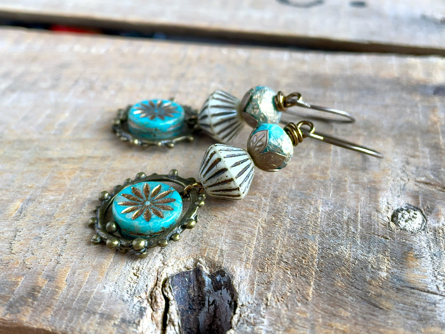 Turquoise Aster Flower Earrings – Summer Czech Glass Boho Jewellery