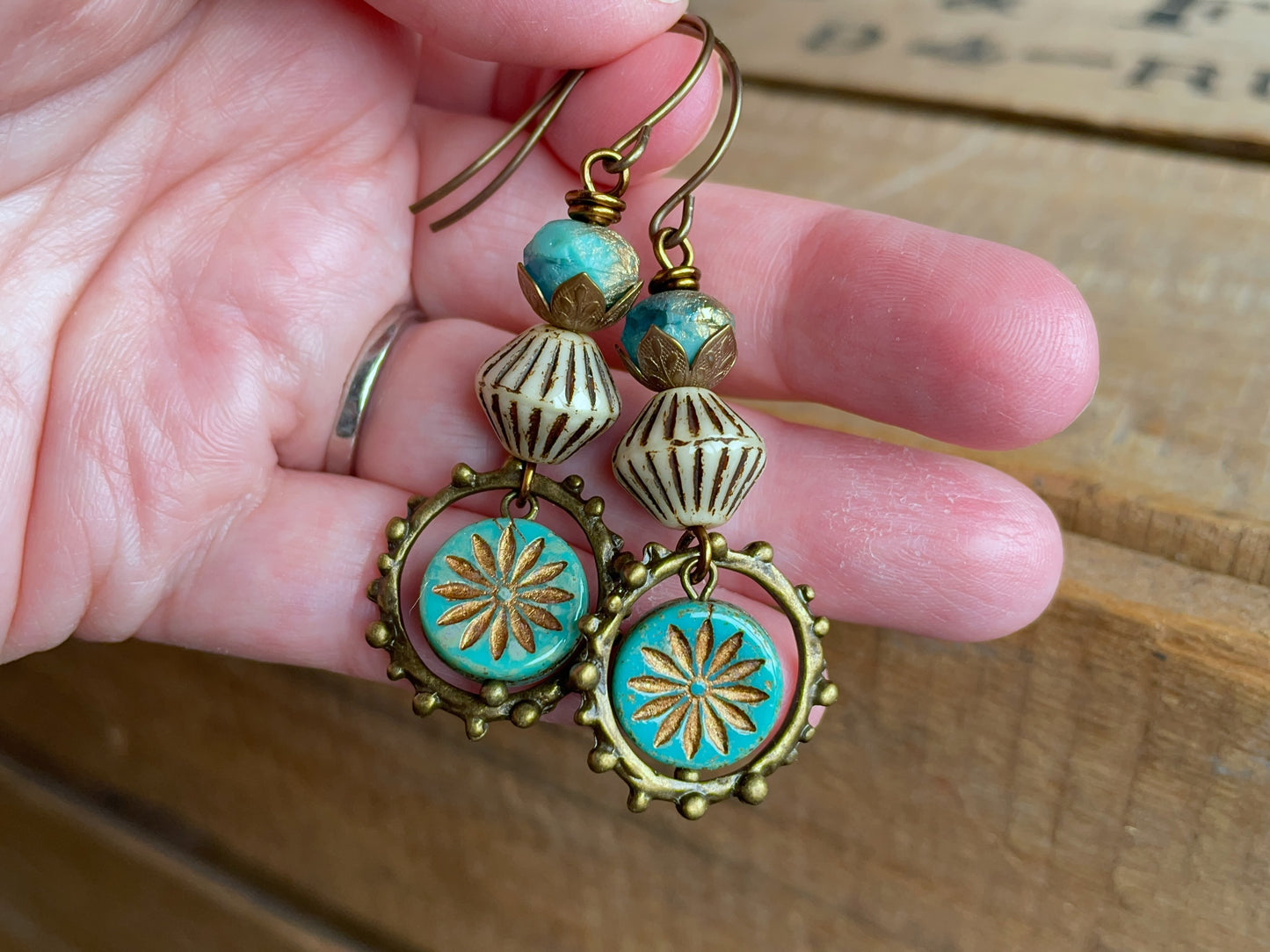 Turquoise Aster Flower Earrings – Summer Czech Glass Boho Jewellery