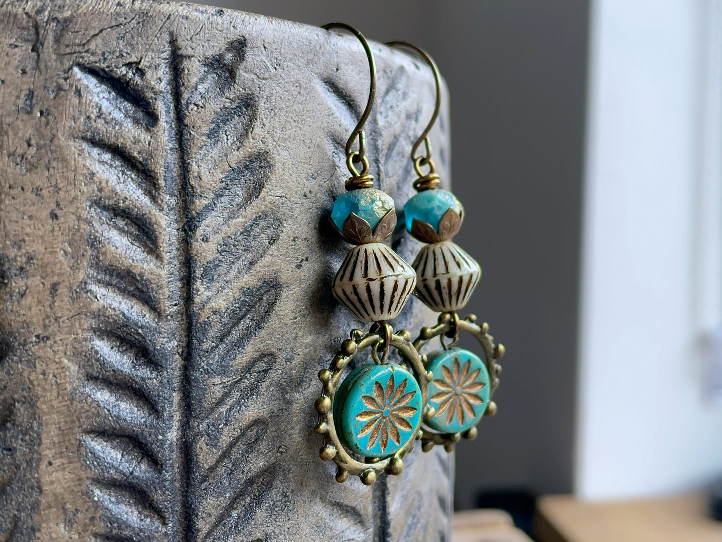 Turquoise Aster Flower Earrings – Summer Czech Glass Boho Jewellery
