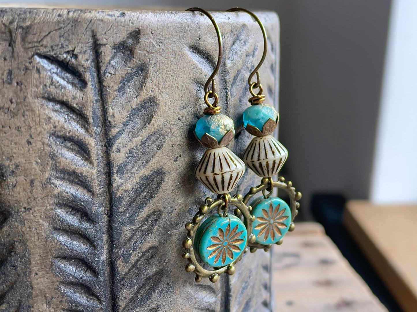 Turquoise Aster Flower Earrings – Summer Czech Glass Boho Jewellery