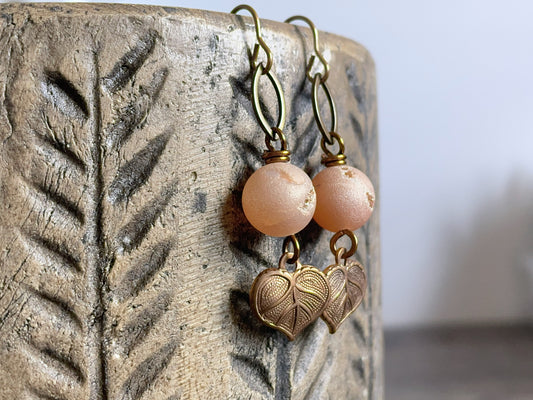 Amber Druzy Agate Earrings with Brass Leaf Charms. Handmade Nature Inspired Jewellery