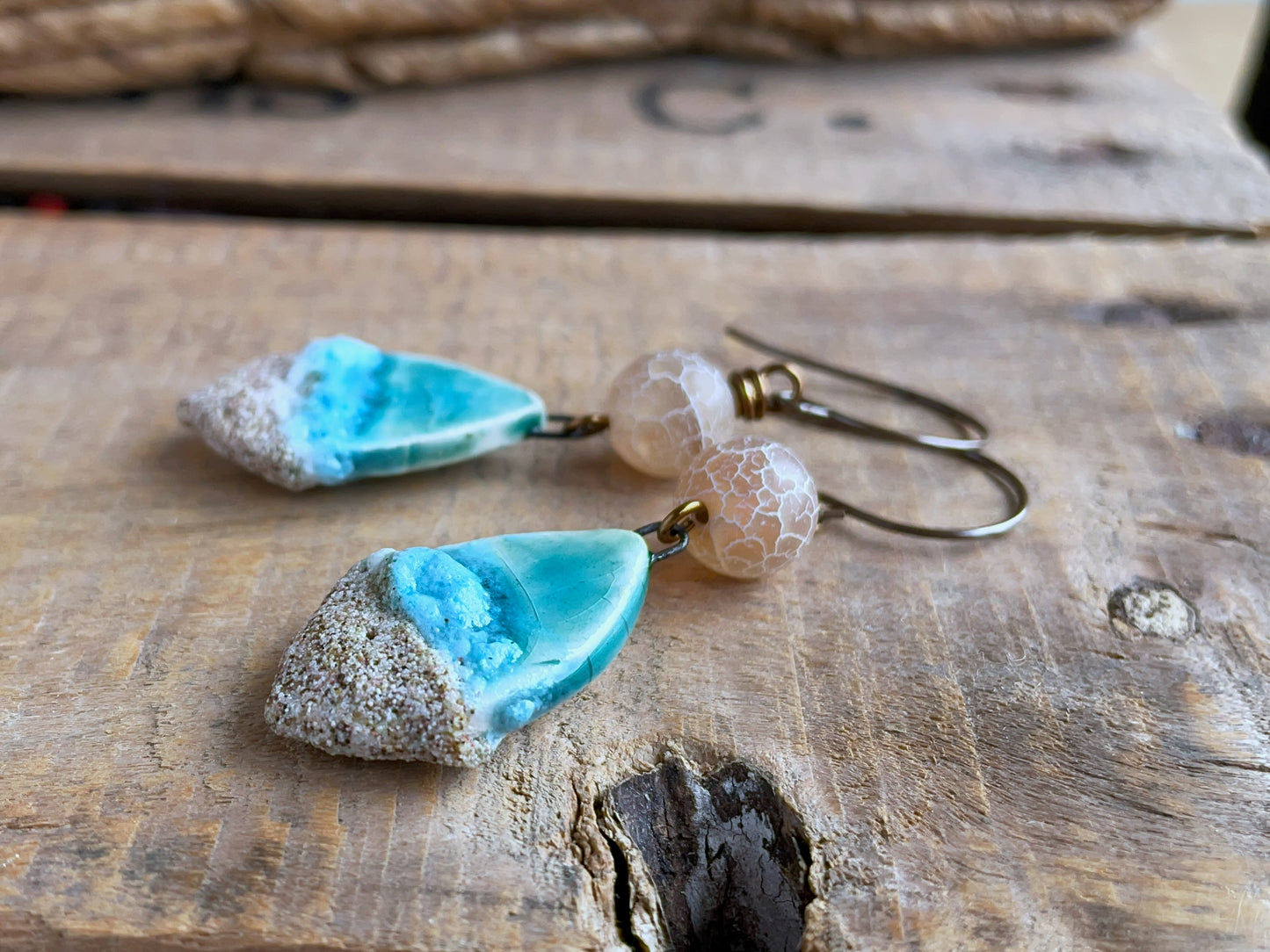 Beach Inspired Artisan Ceramic Earrings with Crackled Agate. Coastal Inspired Jewellery for Summer. Beach Lover Gift