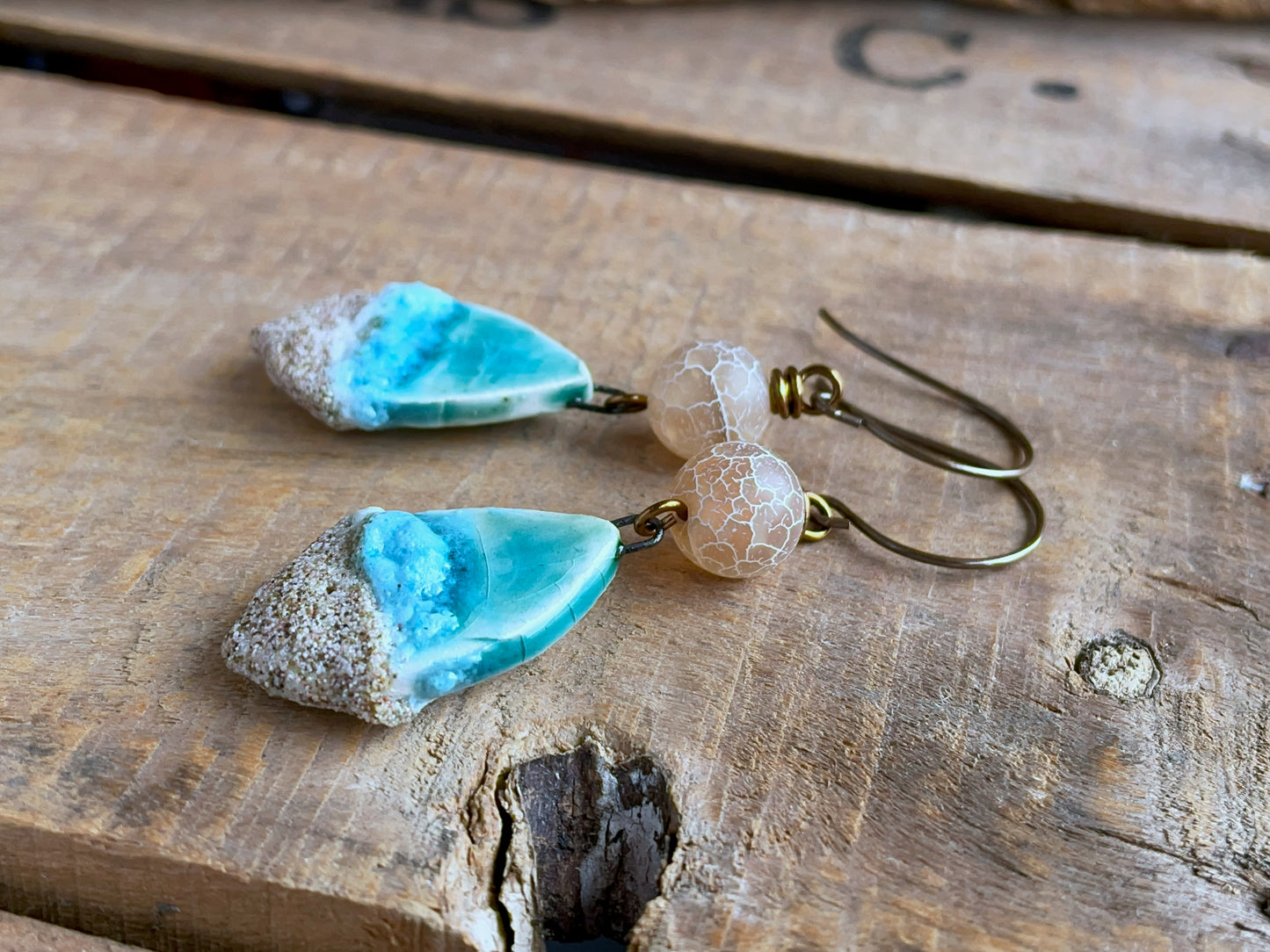 Beach Inspired Artisan Ceramic Earrings with Crackled Agate. Coastal Inspired Jewellery for Summer. Beach Lover Gift