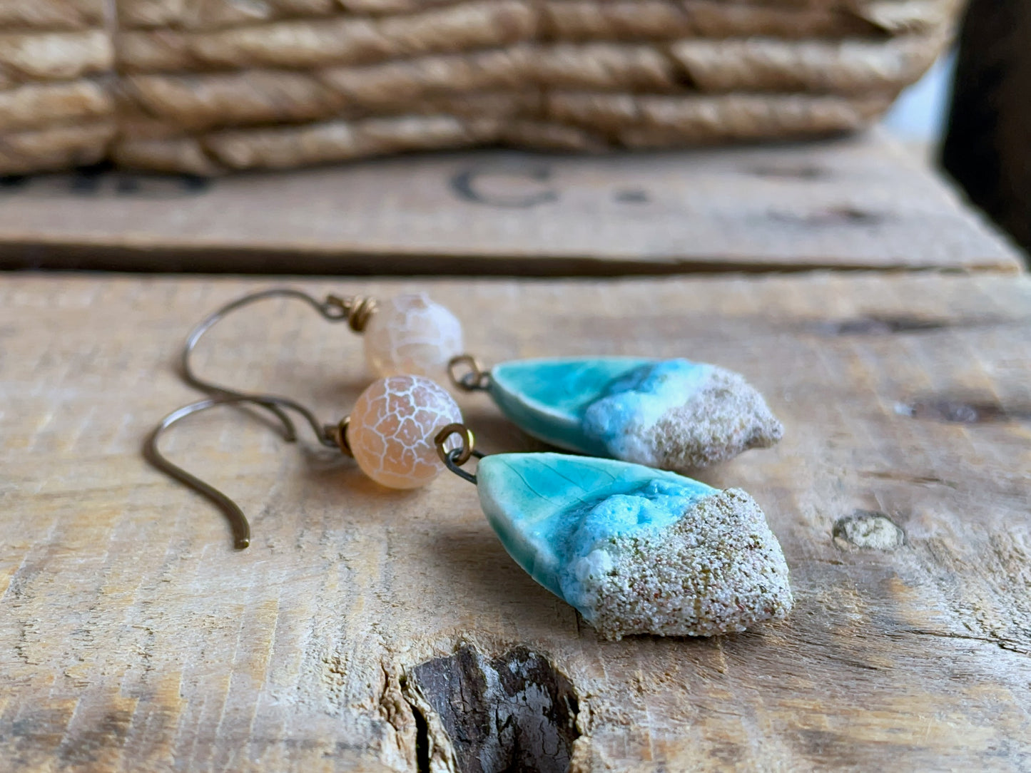 Beach Inspired Artisan Ceramic Earrings with Crackled Agate. Coastal Inspired Jewellery for Summer. Beach Lover Gift
