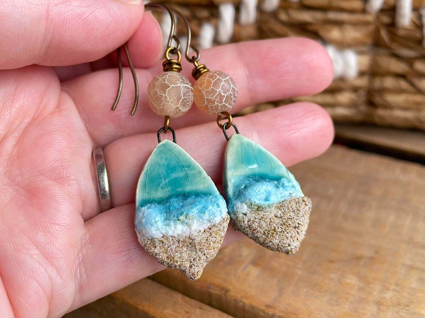 Beach Inspired Artisan Ceramic Earrings with Crackled Agate. Coastal Inspired Jewellery for Summer. Beach Lover Gift