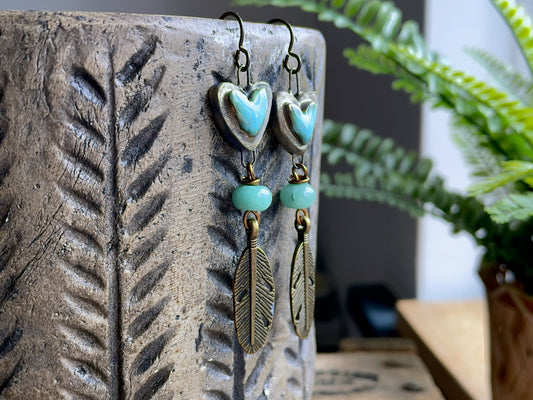 Turquoise Green Artisan Ceramic Heart Earrings. Bohemian-Style Feather Earrings. One of a Kind Summer Jewellery