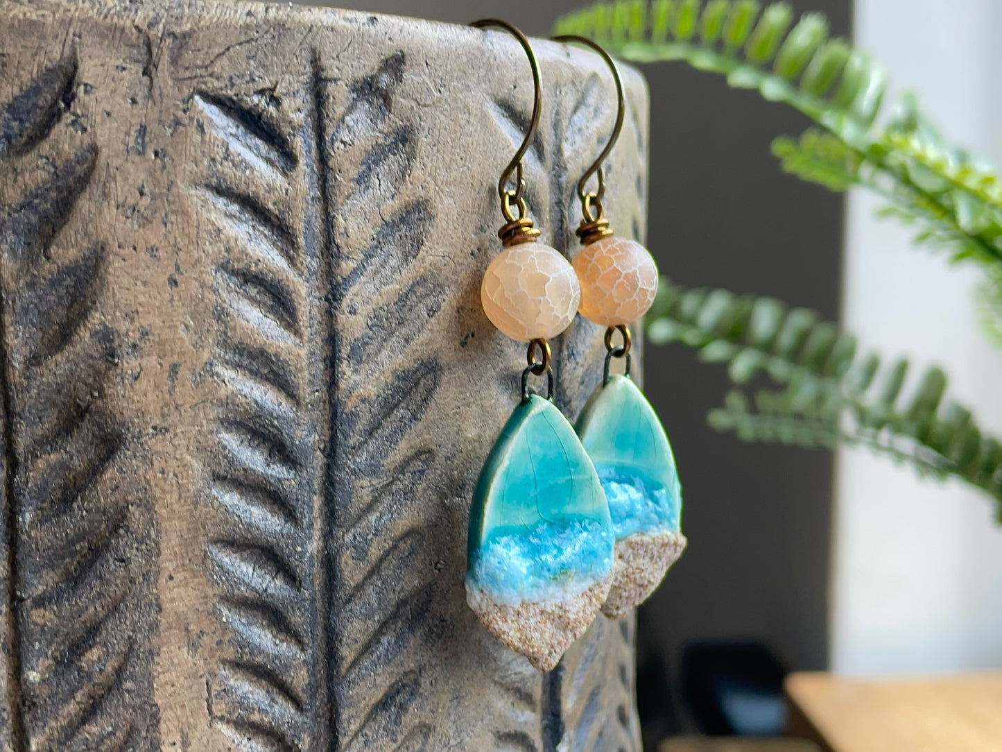 Beach Inspired Artisan Ceramic Earrings with Crackled Agate. Coastal Inspired Jewellery for Summer. Beach Lover Gift