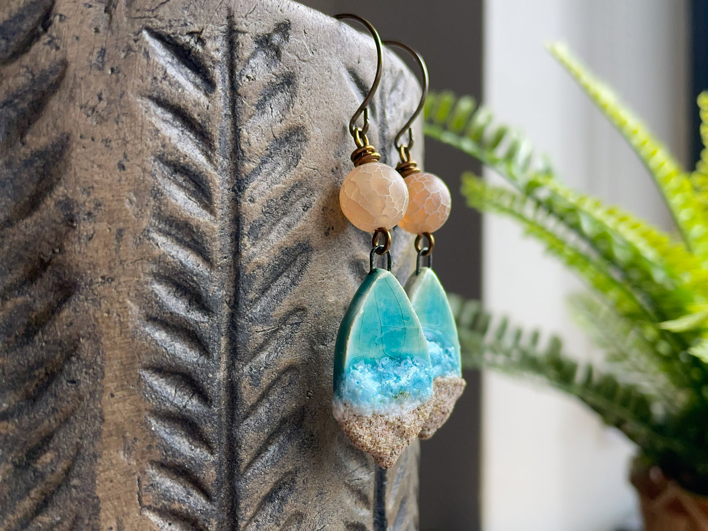 Beach Inspired Artisan Ceramic Earrings with Crackled Agate. Coastal Inspired Jewellery for Summer. Beach Lover Gift