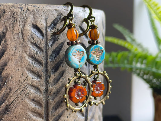 Turquoise Blue & Orange Czech Glass Earrings. Bumblebee and Flower Dangles. Colourful Summer Jewellery