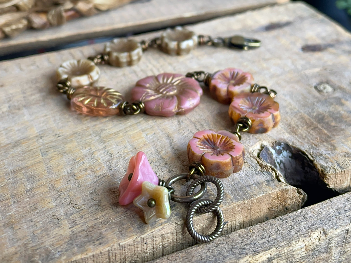 Pink & Cream Czech Glass Flower Bracelet. Vintage Style Boho Floral Jewellery. Handmade Gift for Flower Lover
